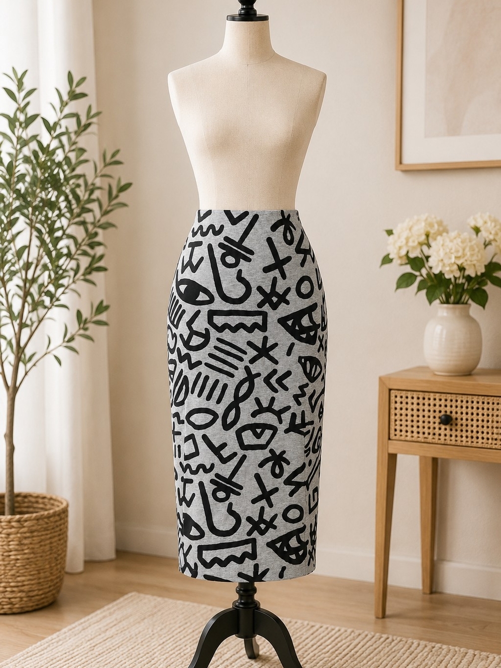 Forever 21 Abstract Print Pencil Skirt in Gray and Black
